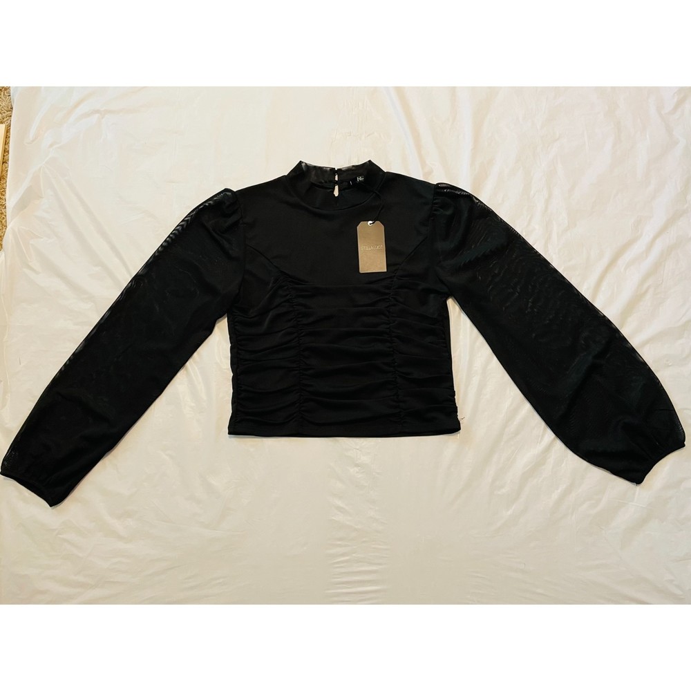 Stella Luce Black Netted Long Sleeve Gatherd Top ST8129R, NWT, Size L